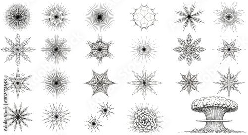 abstract graphic patterns starbursts snowflakes and a nuclear mushroom cloud illustrating natural forms and destructive power.