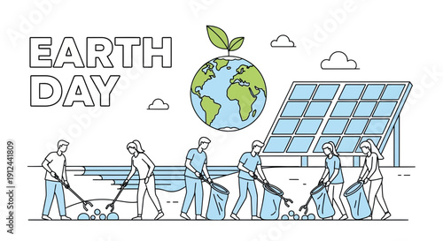 Earth Day: People cleaning up planet, solar panels, eco-friendly concept