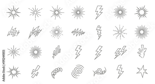 abstract line art icons vector pack featuring sunbursts lightning bolts and dynamic energy symbols for modern graphic design.