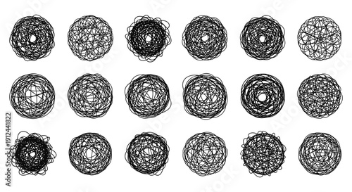 abstract hand-drawn tangled scribble line balls in various forms symbolizing complex thoughts problems confusion and brainstorming ideas.