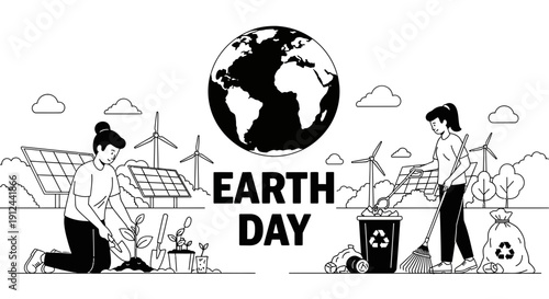 Earth Day: People planting trees and cleaning recycling, renewable energy