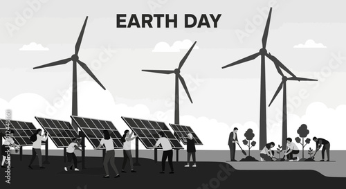 Earth Day: People planting trees and installing solar panels with wind turbines