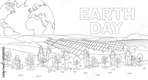 Earth Day: People Planting Trees and Solar Panels for Eco-Friendly Future