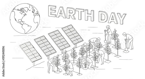 Earth Day: People Planting Trees and Solar Panels for Sustainable Future