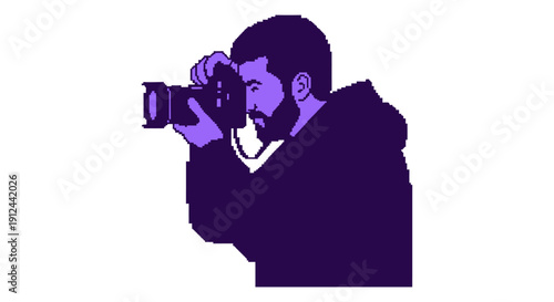 bearded pixel art man skillfully capturing a photograph with a dslr camera embodying digital art and professional photography concepts.