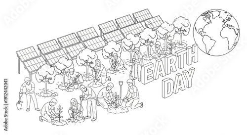Earth Day: Planting Trees with Solar Panels and Globe Illustration
