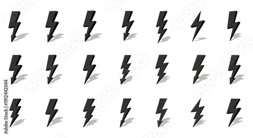 black 3d lightning bolt icons with subtle shadows on a white background representing electricity power hazard and energy concept.
