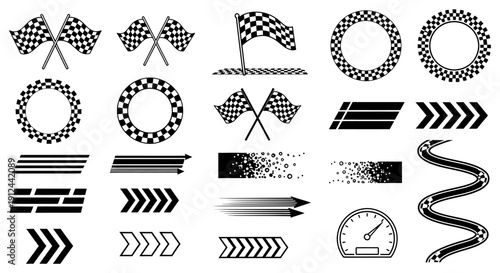 black and white racing sport design elements vector art featuring checkered flags speed lines race track speedometer and motion graphics.