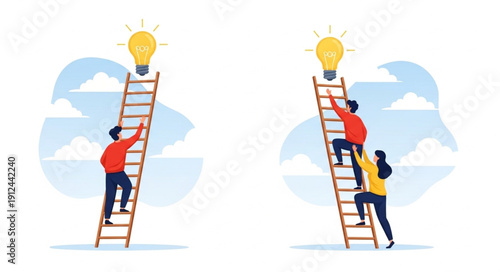 People climbing ladders towards light bulbs representing ideas.