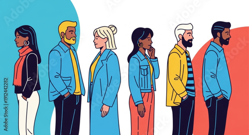 Diverse group of people standing in a line illustration.