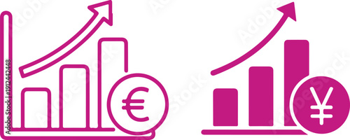 Financial growth charts showing upward trends for euro and yen currencies in a simple icon style. isolated on white background, illustration
