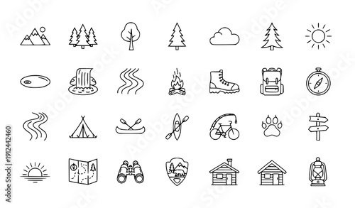Nature and Outdoor Recreation Line Icon Set – Camping Hiking Adventure Collection