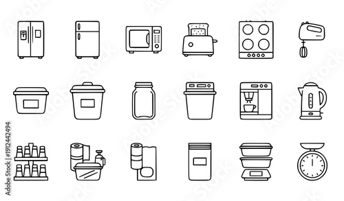 Minimal Kitchen and Food Storage Line Icons – Home Appliance Vector Set