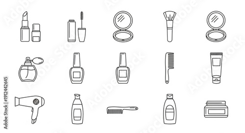 Collection of beauty and cosmetic products line art icons.