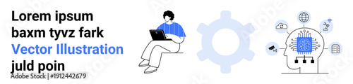 Technology, artificial intelligence, data processing, innovation, online education, automation. A person on a laptop, gear icon AI brain diagram. Technology and artificial intelligence concept