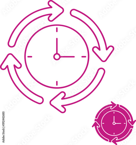 Efficiency and time management concept icon featuring a clock surrounded by rotating arrows. isolated on white background, illustration
