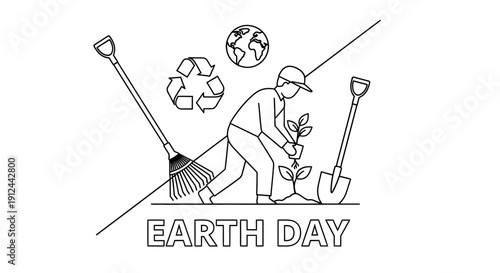Planting Tree for Earth Day: Person, Rake, Shovel, Recycling Symbol, Globe
