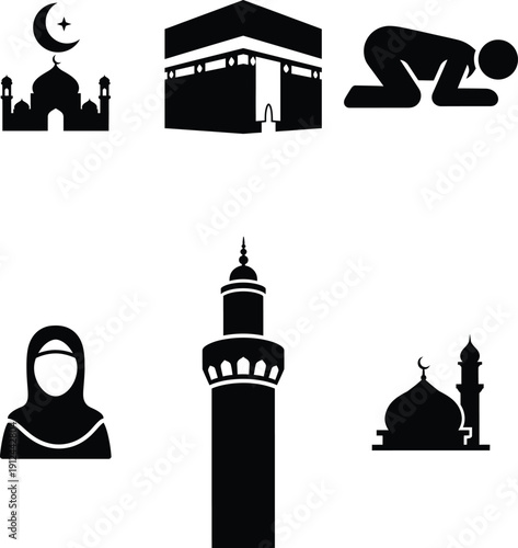 Iconic symbols representing various aspects of islamic culture and worship
