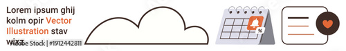 Time management, digital storage, productivity, scheduling, notifications, organization. Minimal cloud, calendar with alert and note with heart icon. Time management and digital storage