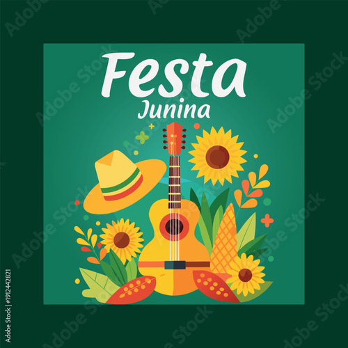 Vibrant illustration of festa junina celebration with traditional elements like guitar, hat, and sunflowers