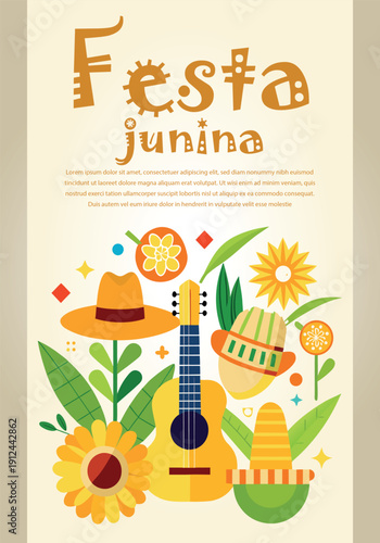 Vibrant illustration celebrating festa junina with traditional elements like guitar, straw hats, and sunflowers