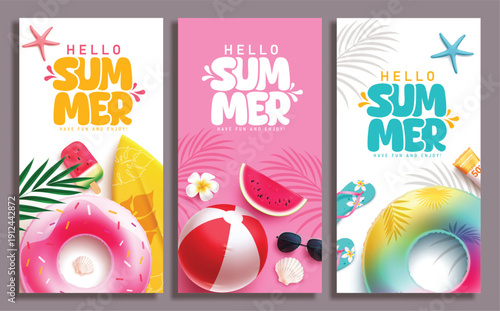 Hello Summer greeting clipart poster set design. Hello Summer greeting text clip art with summer elements in white and pink background for tropical season postcard template collection vector 