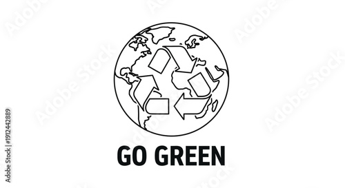 Recycle Earth Globe Icon with "GO GREEN" text, symbolizing environmental protection and sustainability.