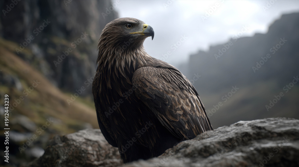 Fototapeta premium Majestic Eagle Perched on Rocky Outcrop Overlooking Dramatic Landscape with Mountains and Cloudy Sky in the Background, Nature at Its Finest