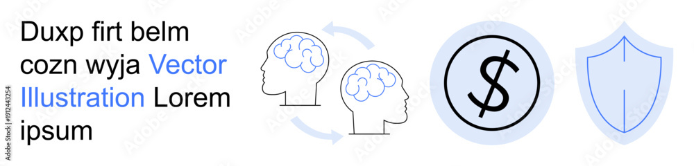 Obraz premium Knowledge sharing, exchange, finance, security, protection, transactions. Two brains linked by arrows, a currency symbol inside a circle and a shield outline. Knowledge sharing and finance concepts