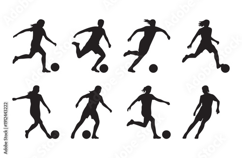 Female soccer players kicking ball in dynamic action poses silhouette collection