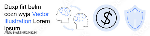 Knowledge sharing, exchange, finance, security, protection, transactions. Two brains linked by arrows, a currency symbol inside a circle and a shield outline. Knowledge sharing and finance concepts