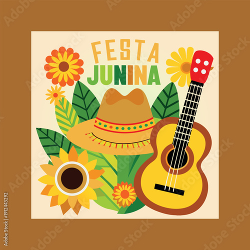 Vibrant illustration celebrating festa junina with a straw hat, guitar, and sunflowers