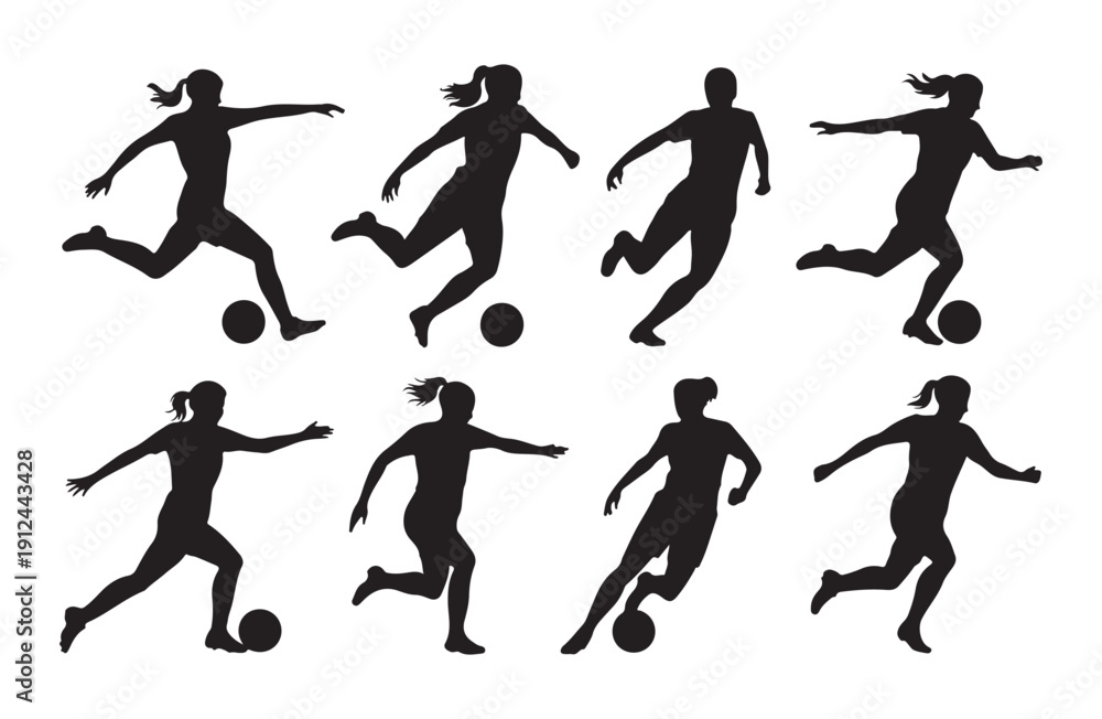 Obraz premium Female soccer player silhouettes set featuring women athletes playing football with ball in motion poses
