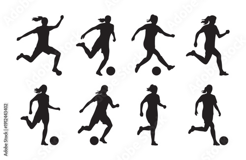 Female soccer players kicking ball in dynamic action poses silhouette collection