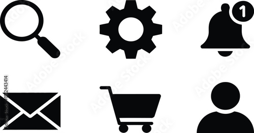 A minimalist graphic showcases four black icons a magnifying glass gear envelope and shopping cart high-quality professional detailed modern elegant