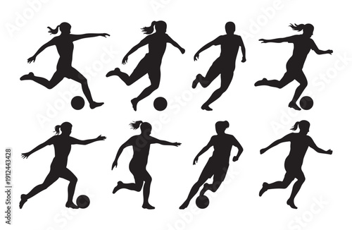 Female soccer player silhouettes set featuring women athletes playing football with ball in motion poses
