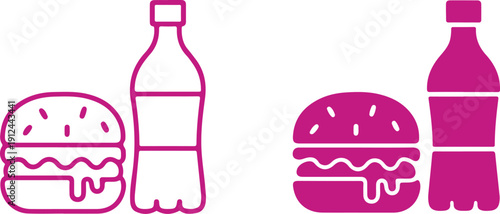 Outline and solid black icons representing a fast food meal with a burger and a bottle of soda. isolated on white background, illustration