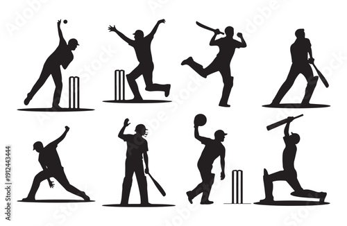 Cricket professional players silhouettes featuring batting stances bowling actions and fielding positions