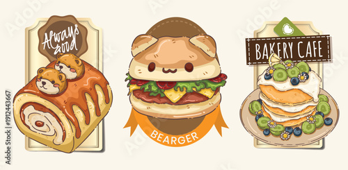 Kawaii Animal Bakery Label Set - Cute Bear Swiss Roll, Kitten Burger "Bearger," and Fruit Pancake Stack