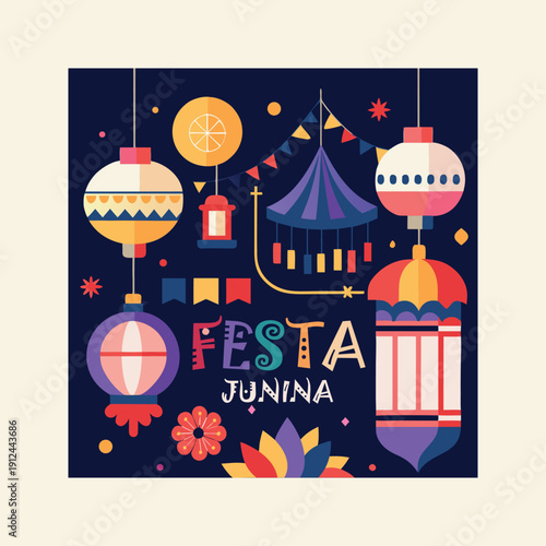 Colorful illustration celebrating festa junina with traditional lanterns, bunting, and festive decorations against a dark blue background.
