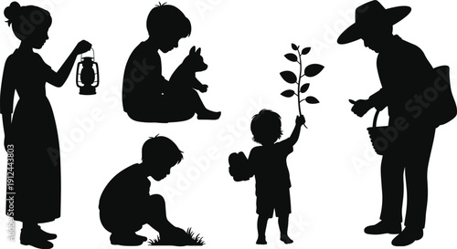 Children and farmer gardening silhouette vector illustration, kids planting seedling rural village lifestyle black and white people collection graphic set