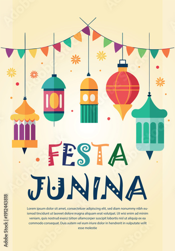 Vibrant festa junina celebration poster featuring colorful hanging lanterns and decorative bunting