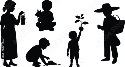 Children and farmer silhouette set vector illustration, kids planting gardening rural lifestyle black and white people collection graphic design