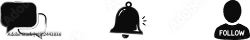 Social Media Interaction Icon Set with Text Message Bubble, Notification Bell and Follow User