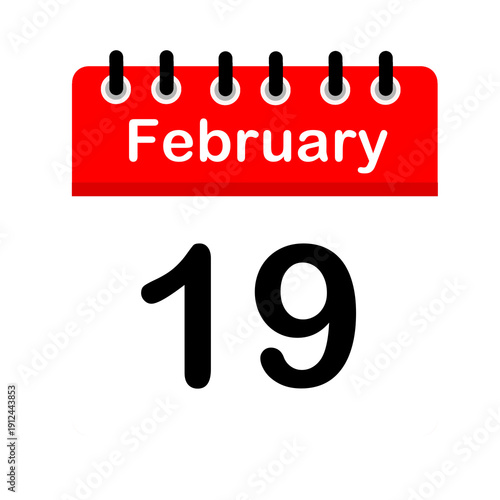 February 19 calendar icon flat design illustration. Calendar template, red and white, sticker, poster, banner, emoticon.
