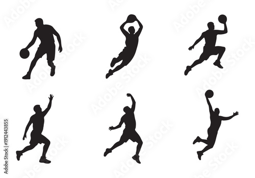 Collection of basketball athlete silhouettes in motion showing jumping shooting and dribbling techniques