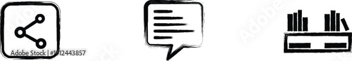 Digital Content and Community Icon Set with Share Button, Blog Post and Library Shelf