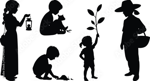 Children and rural farmer silhouette vector set illustration, kids planting gardening village lifestyle black and white people graphic collection