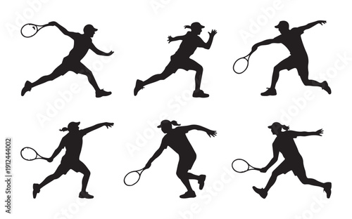 Set of male and female tennis players silhouettes playing, isolated on a white background