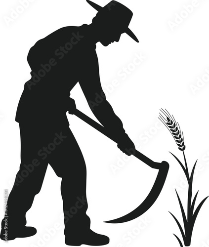 Farmer cutting wheat with sickle silhouette vector illustration, traditional rural agriculture harvesting crop manual farming black and white graphic design